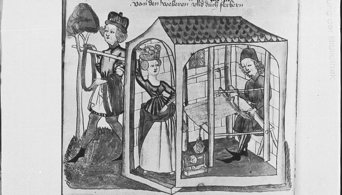 Manuskriptbild från 1400-talet med ett hus där det sitter en vävare. Bredvid står en kvinna i uppskörtad klänning.